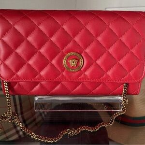 Versace Red Quilted Clutch with Gold Chain